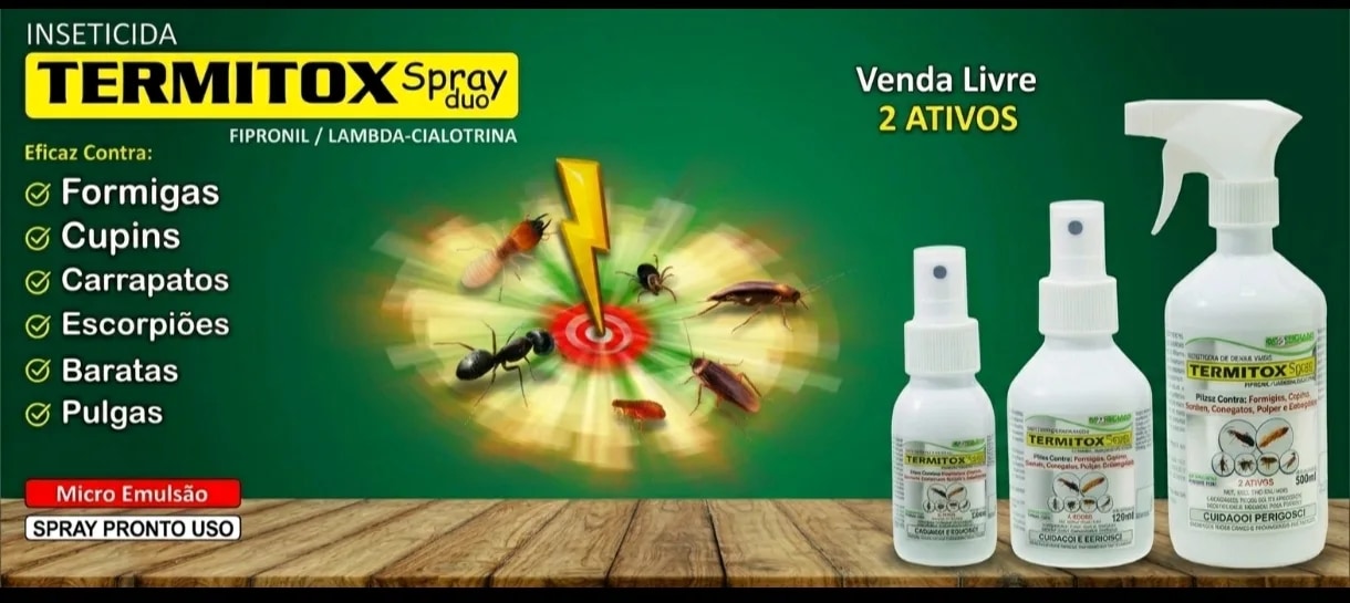 Termitox Spray DUO — Dupla ação: Fipronil + Lambda-Cialotrina, pronto para uso.